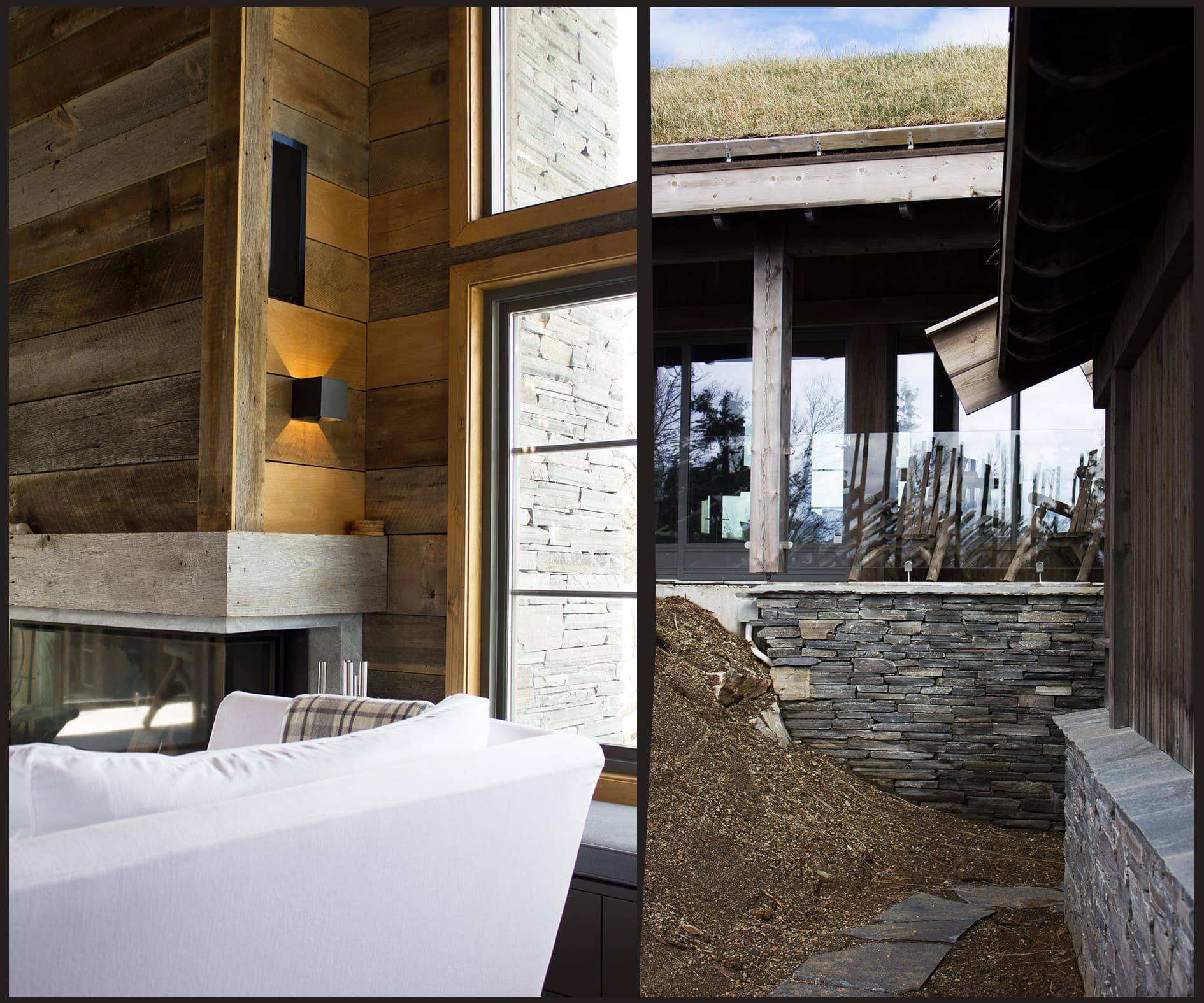 Collage av bilder fra innsiden og utsiden av hytta